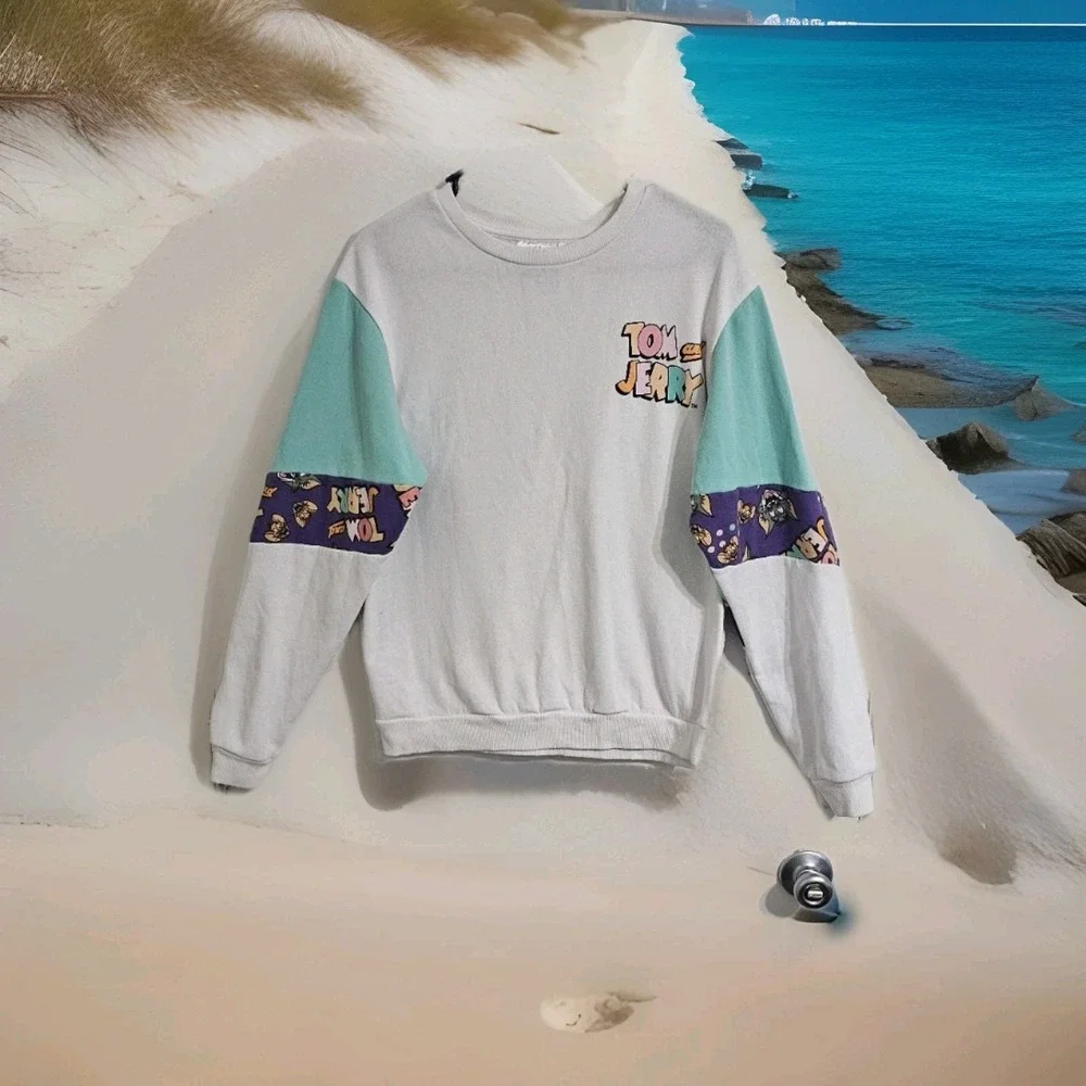 Tom & Jerry Pullover Sweatshirt Sz Youth Large White Purple Classic 90's Cartoon